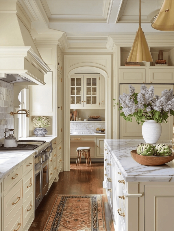 Coastal Kitchen with Arched Transition and Brass Pendant Lights