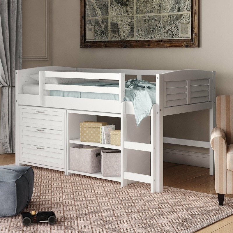 Coastal Loft Bed Crisp White Shutter Style Panels Integrated Dresser