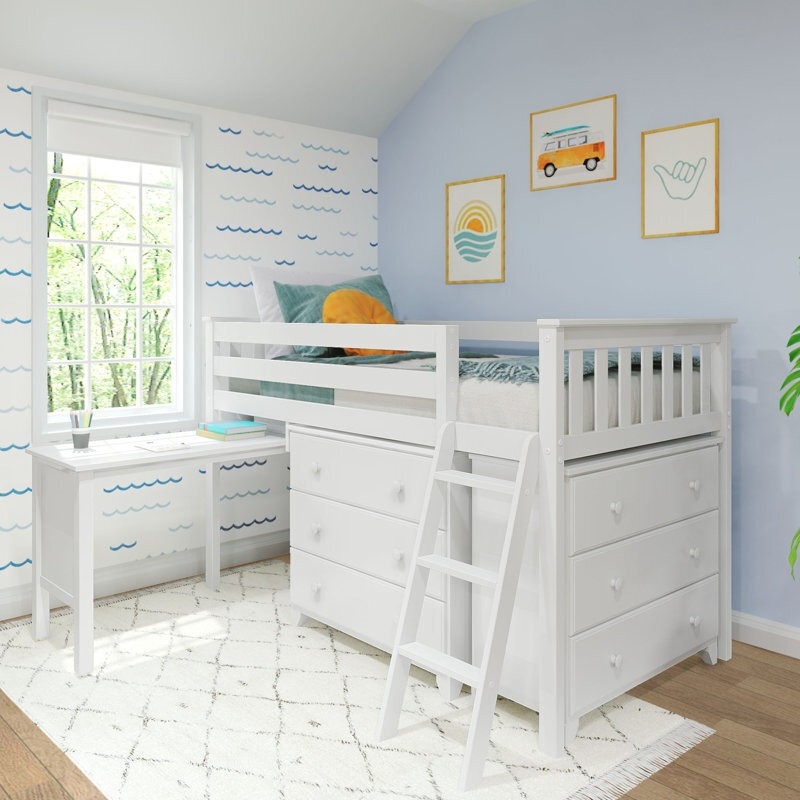 Coastal Loft Bed White Wood Six Drawer Storage Desk
