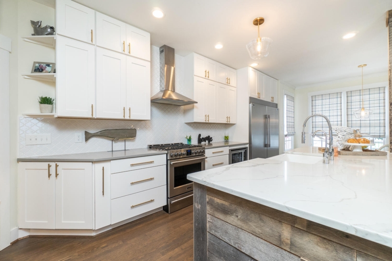 Coastal Modern White Shaker Cabinets with Rustic Wood Island