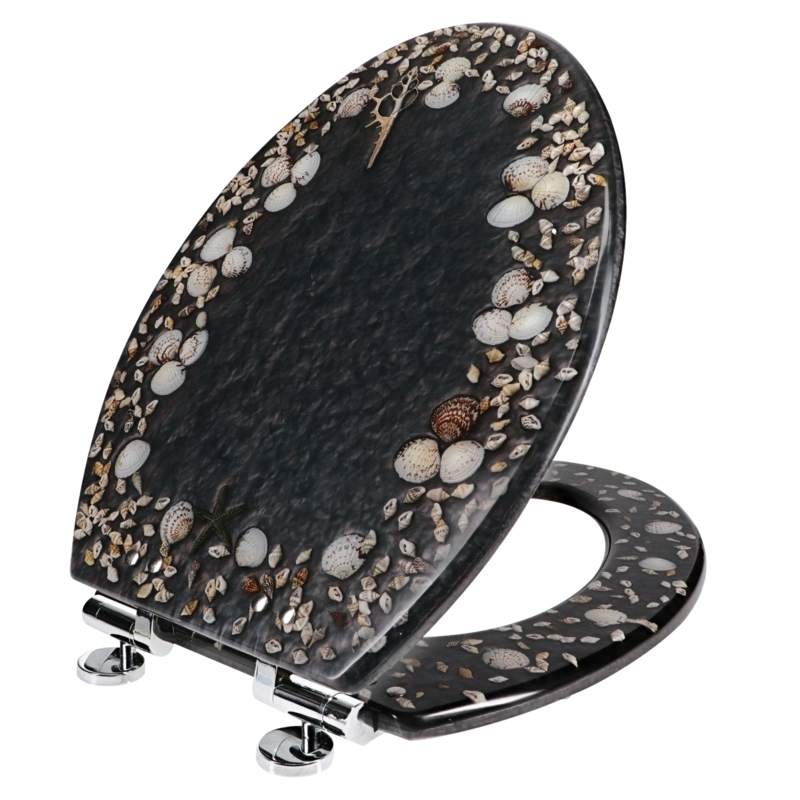 Coastal Resin Toilet Seat: Elongated Translucent Charcoal with Shells.