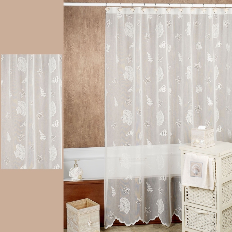 Coastal White Lace Shower Curtain Seashell Starfish Motif Scalloped
