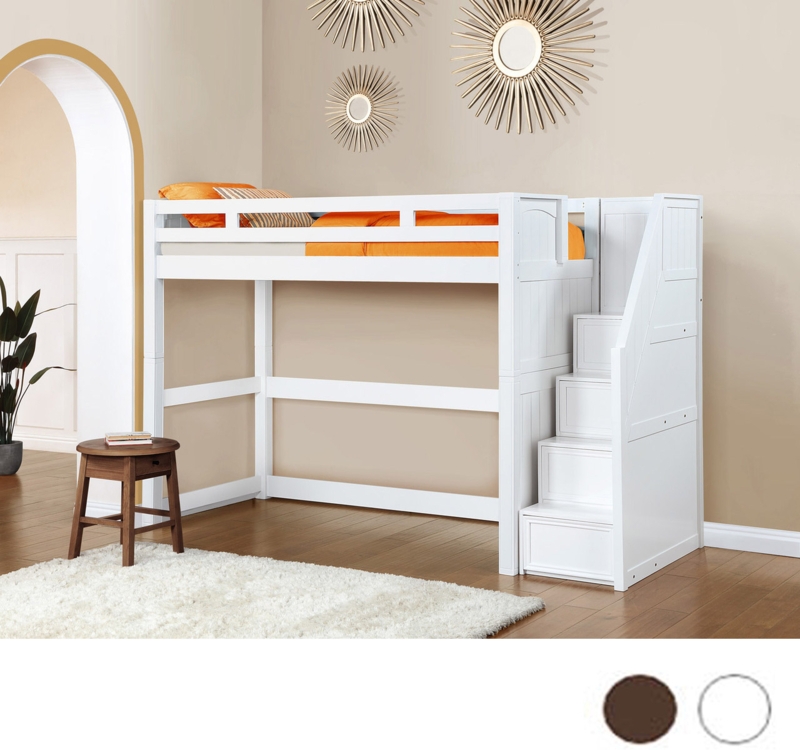 Coastal White Twin Loft Bed with Storage Stairs and Drawers