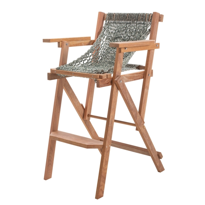 Coastal Wooden Folding Barstool Rope Mesh Sling Seat Wide Armrests