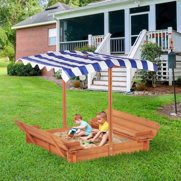 Coastal Wooden Sandbox with Striped Scalloped Canopy and Convertible Benches