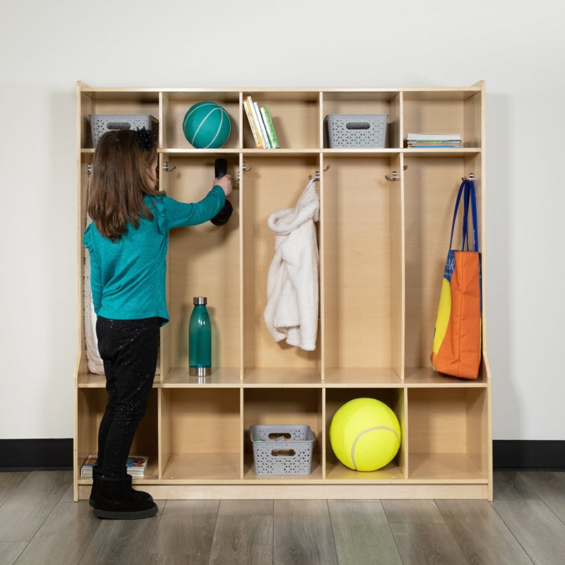 Coat Locker: 5-Section Design with Double Hooks, Natural Wood Finish