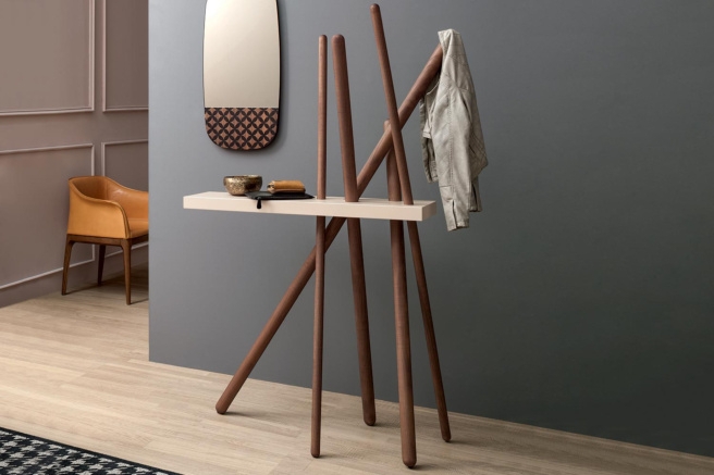 Coat Rack Console Wood Toned Asymmetric Sculptural Poles