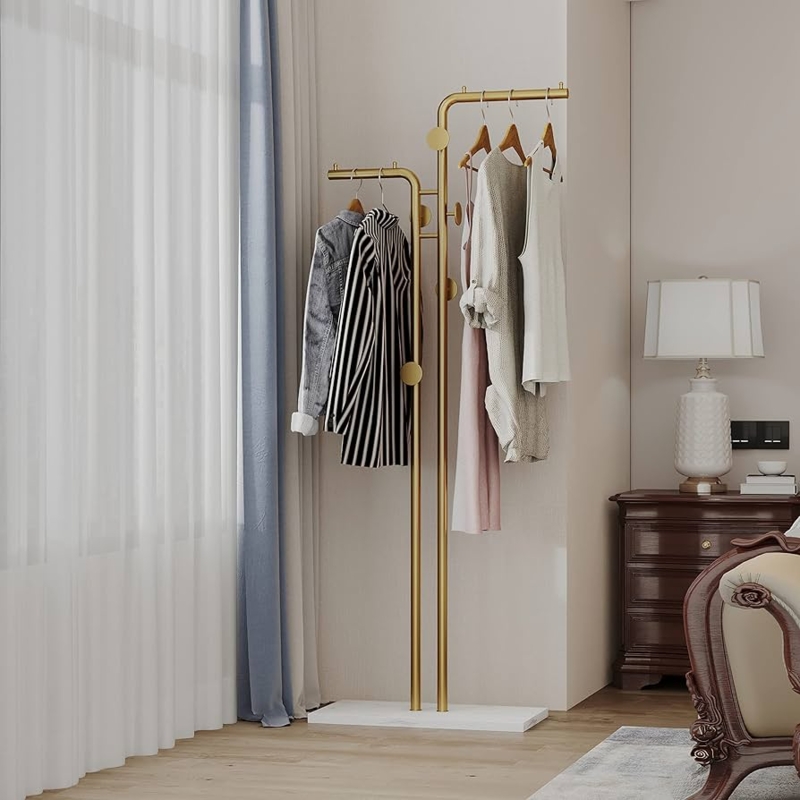 Coat Rack Gold Double Pole Stand Stone Like Base Tiered