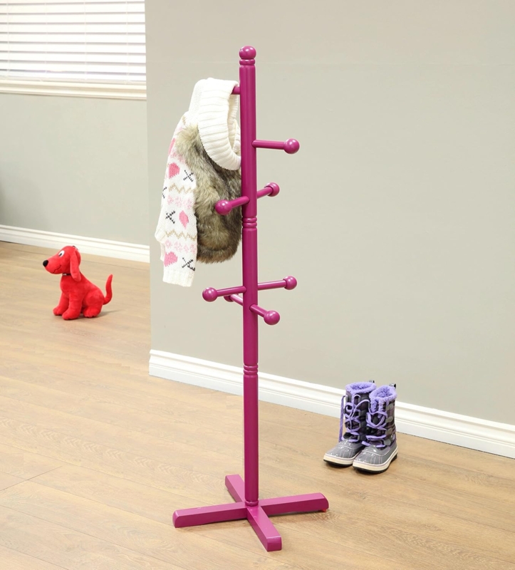 Coat Rack in Magenta Pink with Ball End Pegs, Freestanding Kids Stand