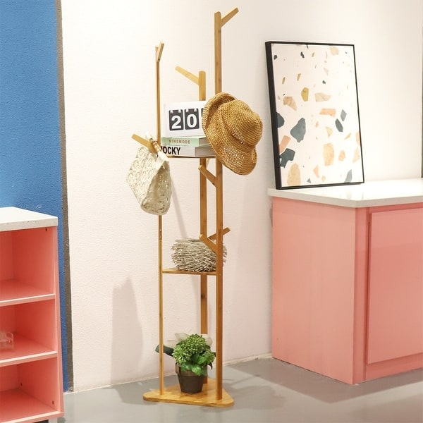 Coat Rack Solid Wood Branch Hooks Integrated Shelving Stand