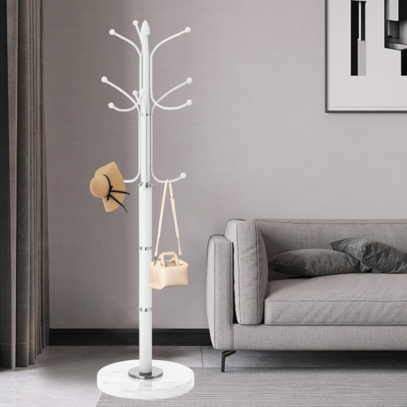 Coat Rack White Metal Marble Pattern Base Twelve Tiered Hooks