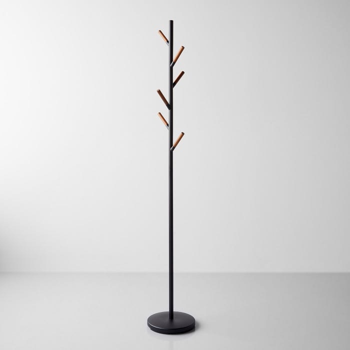 Coat Tree Matte Black Wood Toned Pegs Staggered Branches