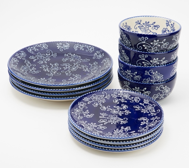 Cobalt Blue Dinnerware Set with Floral Lace Pattern & Beaded Rim