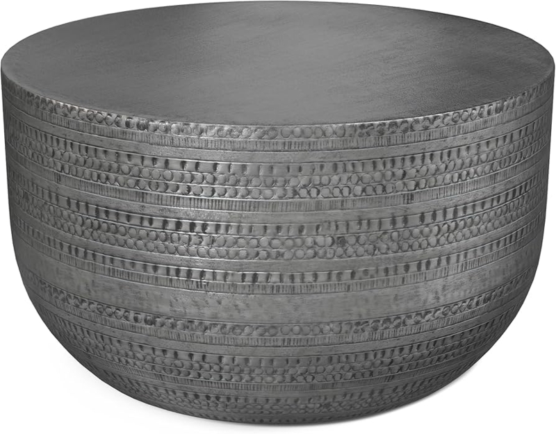 Coffee Table Antique Silver Hammered Metal Textured Bands Boho