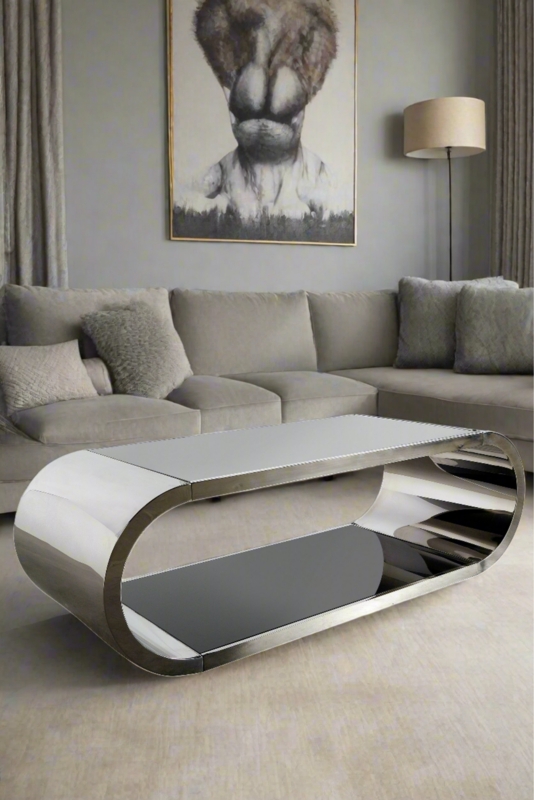 Coffee Table Capsule Shape Mirrored Surfaces Inset Top Polished Frame
