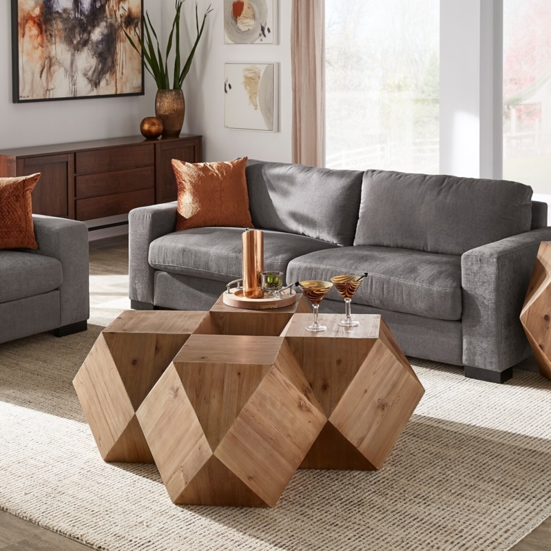 Coffee Table Geometric Facets Modular Cluster Wood Toned