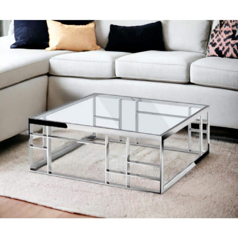 Coffee Table Geometric Grid Base Square Glass Polished Chrome