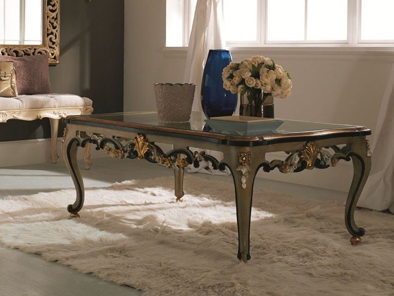 Coffee Table, Gold Leaf Scrollwork Carvings, Inset Glass Top
