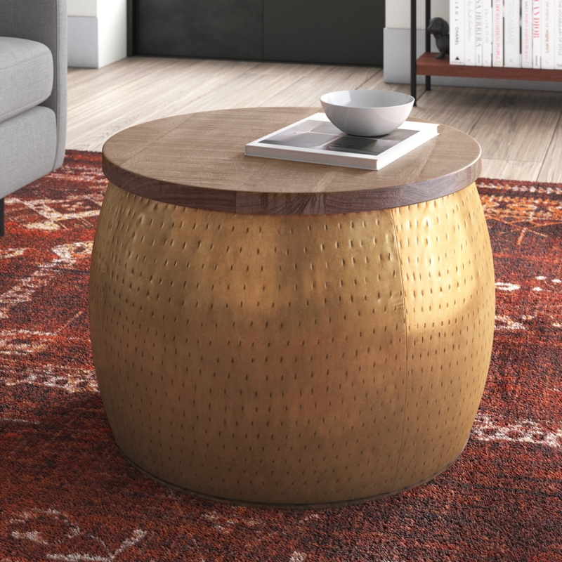 Coffee Table Hammered Metal Wood Top Storage Lid Industrial