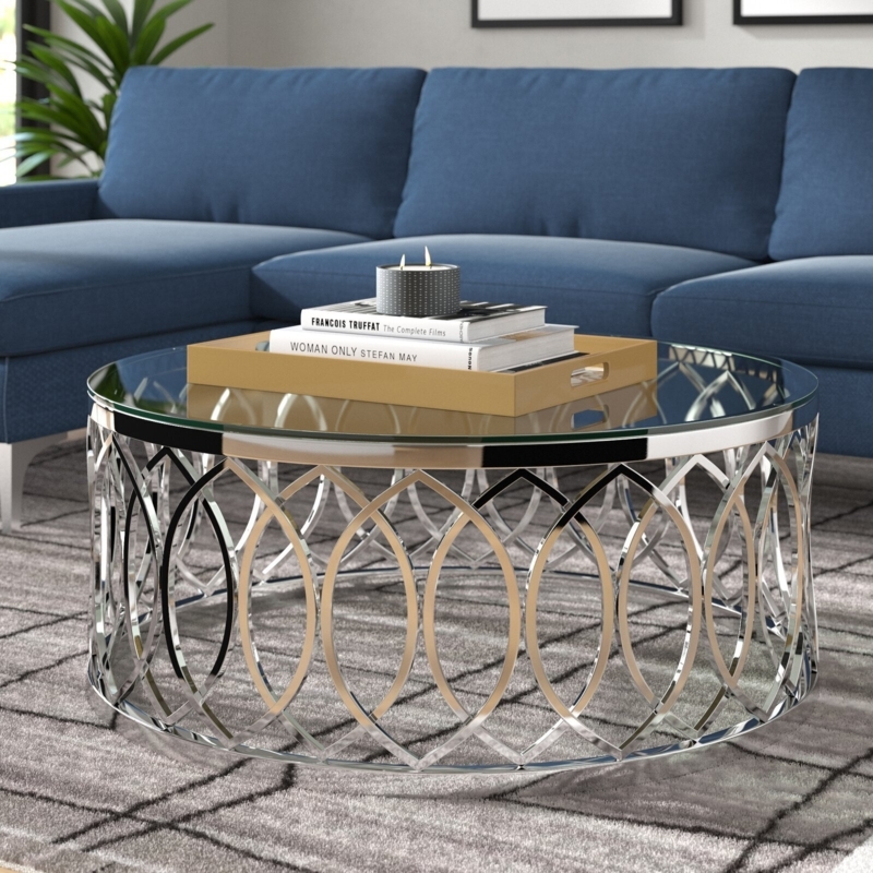Coffee Table Interlocking Oval Pattern Round Glass Openwork Base