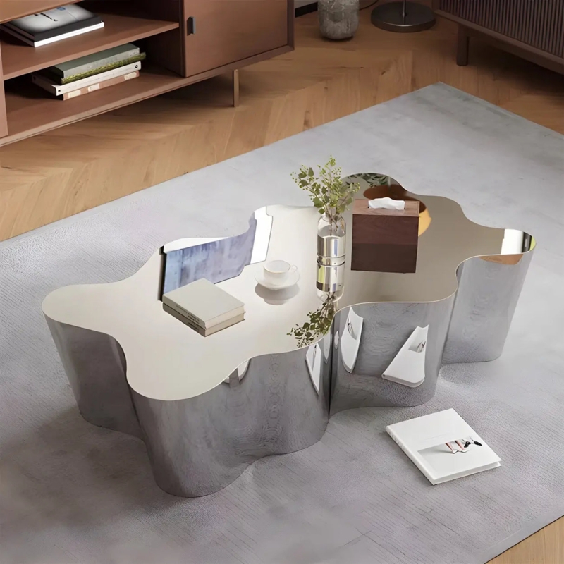 Coffee Table Liquid Metal Aesthetic Polished Silver Abstract