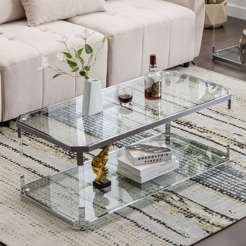 Coffee Table Octagonal Glass Top Clear Acrylic Legs Polished Frame