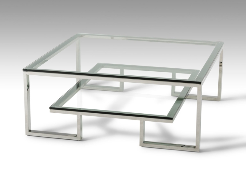 Coffee Table Offset Shelf Square Glass Geometric Base Polished Metal