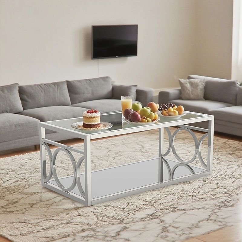 Coffee Table Overlapping Circles Rectangular Glass Mirrored Shelf