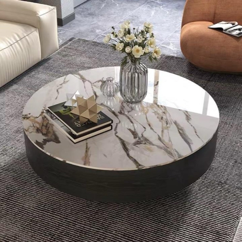 Coffee Table Round Drum High Gloss Veined Stone Top Dark Base