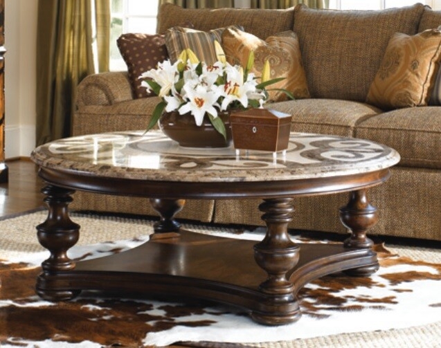 Coffee Table Round Marble Inlay Top with Traditional Turned Legs