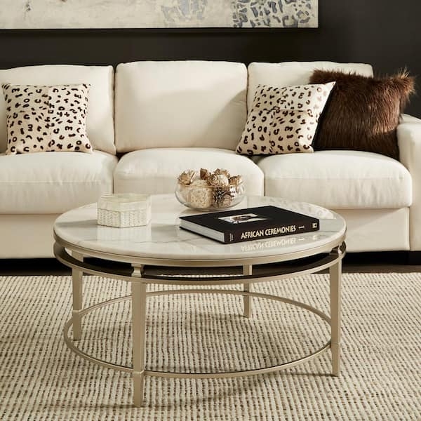 Coffee Table Round Marble Look Top with Champagne Silver Finish Base