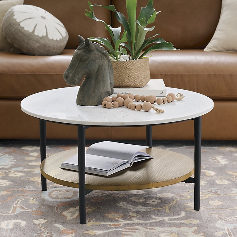 Coffee Table Round Marble Top Black Metal Frame Wood Toned Lower Shelf