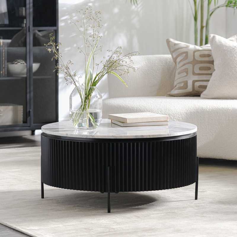 Coffee Table Round Marble Top Fluted Drum Base Matte Black Finish
