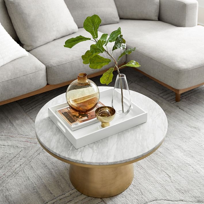 Coffee Table Round Marble Top on Classic Brushed Gold Pedestal Base