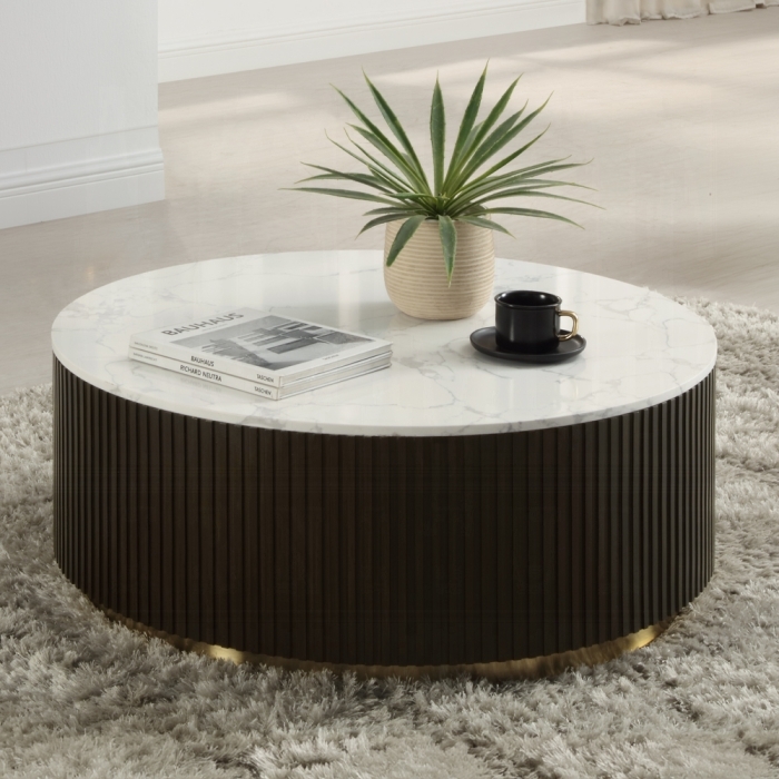 Coffee Table Round Marble Top Ribbed Drum Base Espresso Brown Finish
