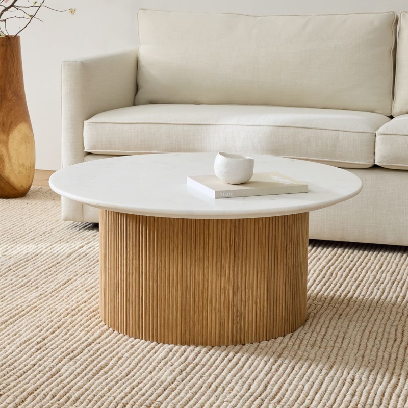 Coffee Table Round Marble Top with Blonde Oak Tambour Texture Base