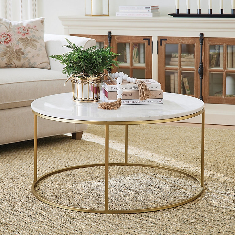 Coffee Table Round Marble Top with Brass Base and Circular Stretcher