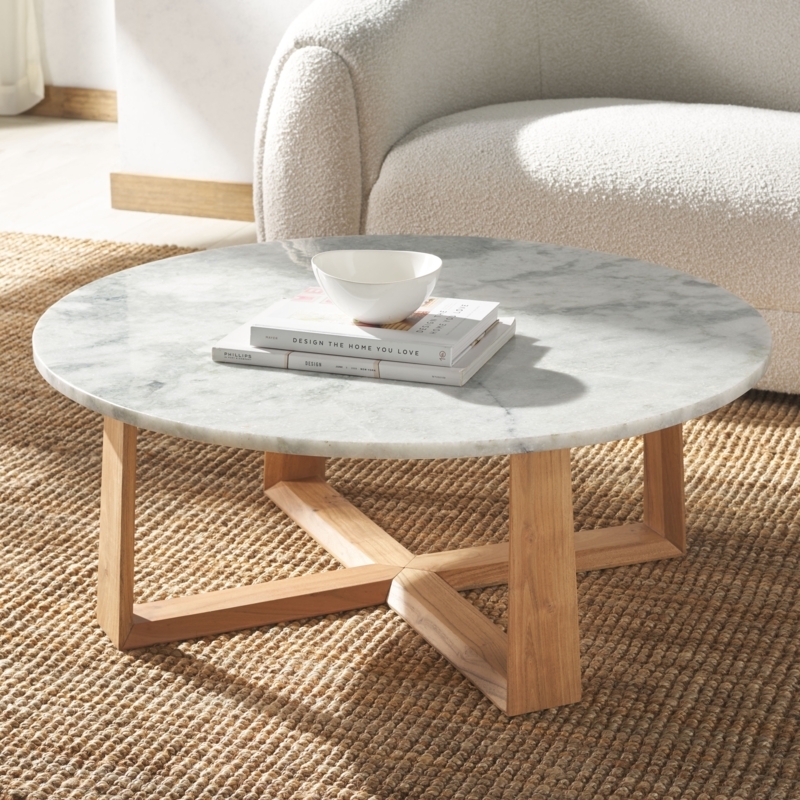 Coffee Table Round Marble Top with Geometric Wood Cross Base
