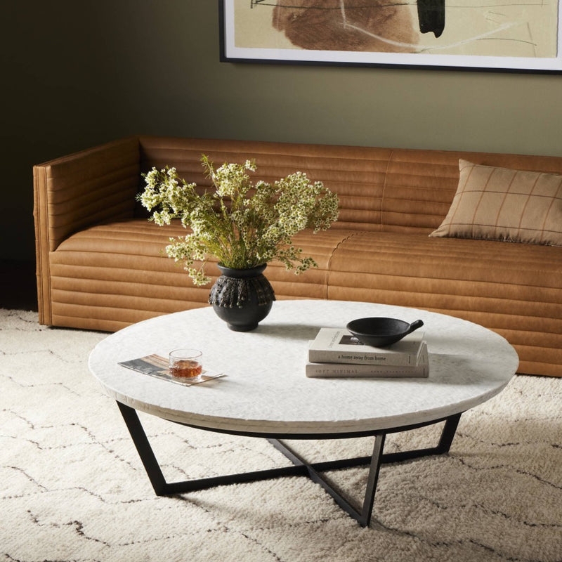 Coffee Table Round Sandblasted Marble Top Minimalist Black Cross Base