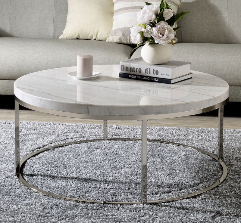 Coffee Table Round Thick Marble Slab on Polished Chrome Frame