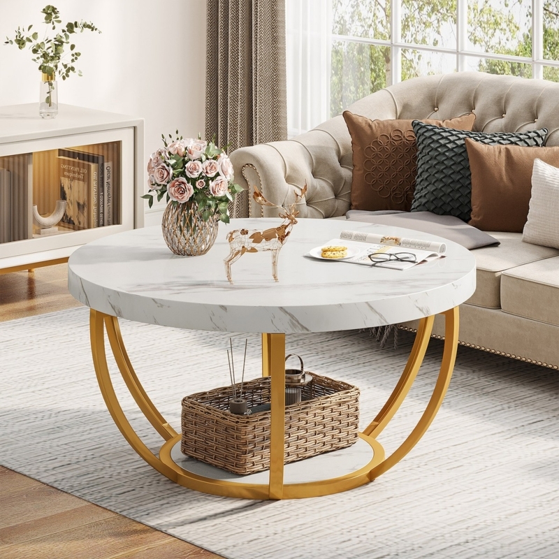 Coffee Table Round Two-Tier Storage with Faux Marble and Gold