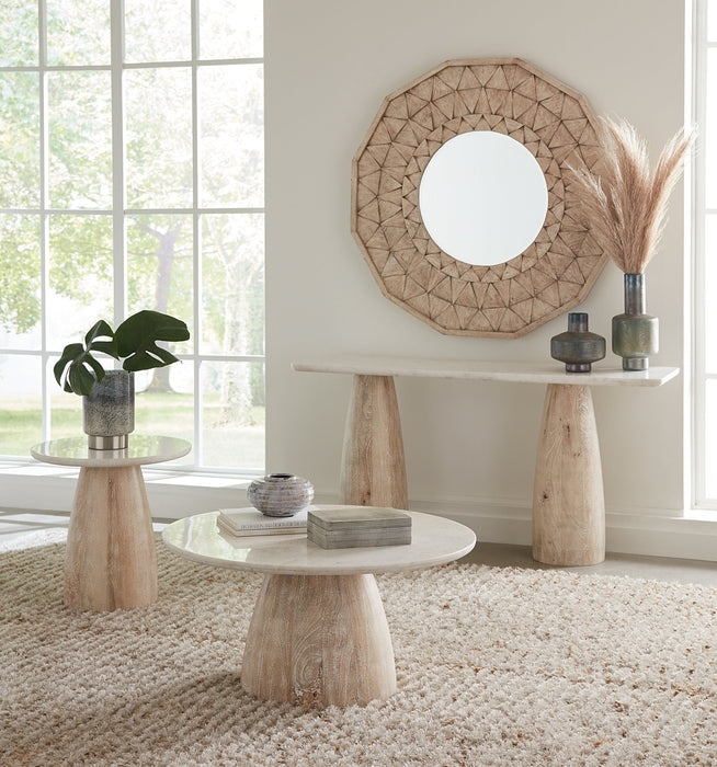 Coffee Table Round White Marble Top on Tapered Whitewashed Wood Base