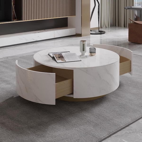 Coffee Table Round White Marble Veneer with Hidden Swivel Drawers