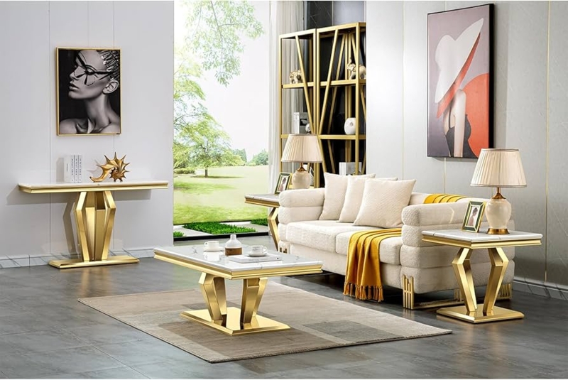 Coffee Table Set: Geometric Pedestal Base, Polished Gold, White Stone Top