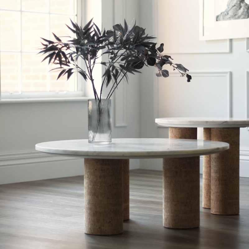 Coffee Table Set with Cork Textured Legs, Marble Nesting Design
