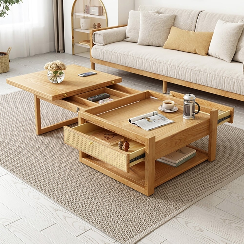 Coffee Table Set with Expandable Surface, Rattan Drawer Nesting