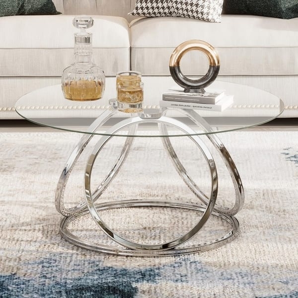 Coffee Table Triple Hoop Frame Round Glass Polished Silver Base