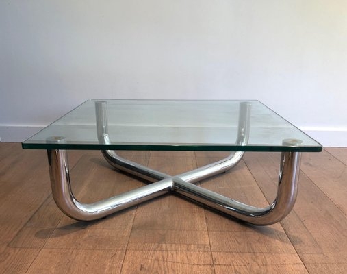 Coffee Table Tubular Metal X-Base Square Glass Top Design