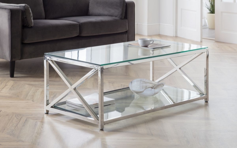 Coffee Table Two Tier Rectangular Glass X-Frame Sides Polished Metal