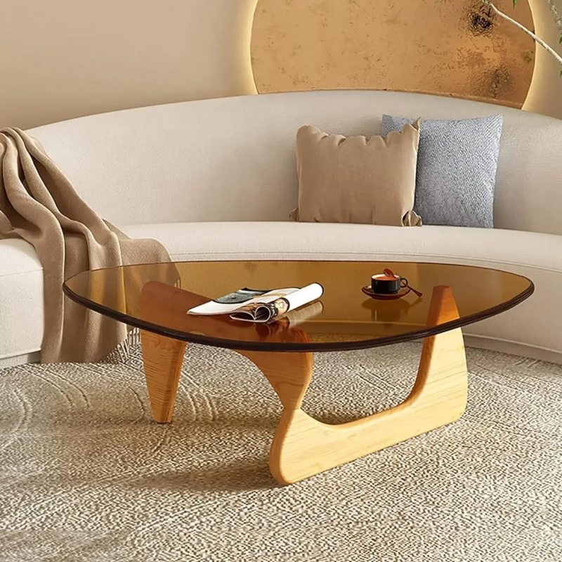 Coffee Table with Amber Glass Top & Sculptural Wood Base